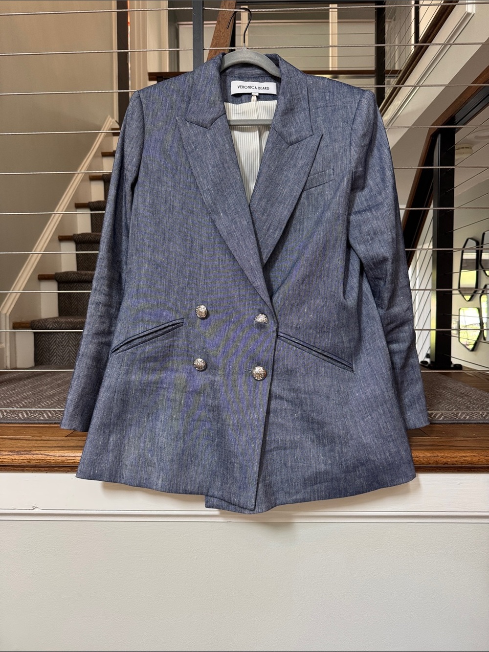 Veronica Beard Heathered Navy Double-Breasted Blazer